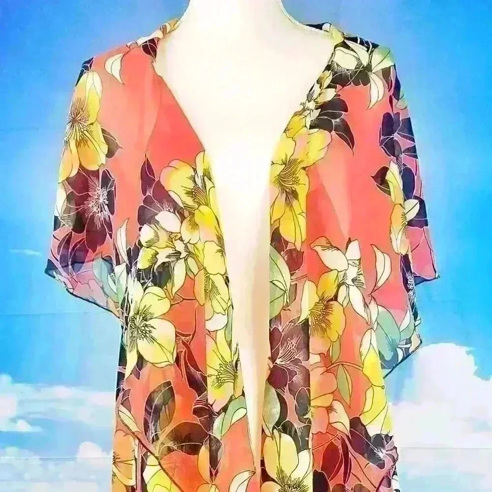 ORANGE FLORAL Beach Cover Sheer Open front Long Shawl LIGHTWEIGH Shrug One Size